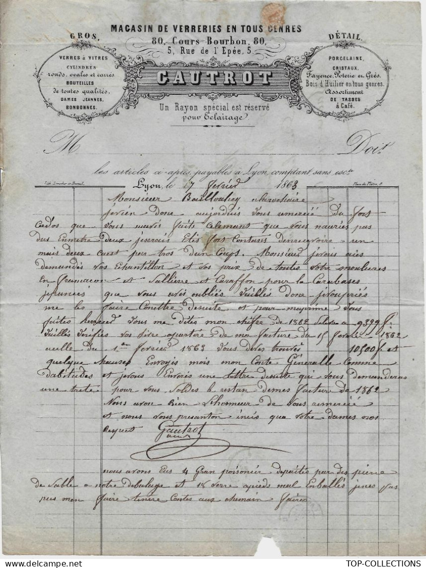 1863 ENTETE VERRERIES PORCELAINES CRISTAUX Gautrot Lyon > Ballouhey Verrerie De La Rochère Par Corre Haute Saone V.HIST. - 1800 – 1899