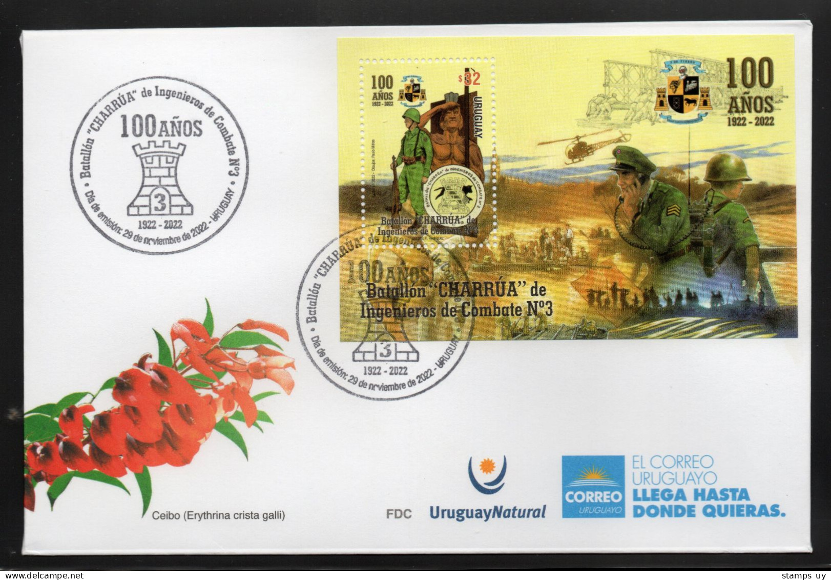 URUGUAY 2022 (Militar, Comunications, Engineers, Helicopters, Bell 47G, Trains, Radio, Indigenous, Sculptures) - 1 FDC - Indios Americanas