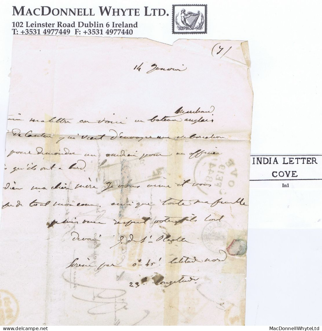 Ireland Maritime Cork 1844 Cover To France With Boxed INDIA LETTER/COVE And COVE FE 19 1844 Cds - Prephilately