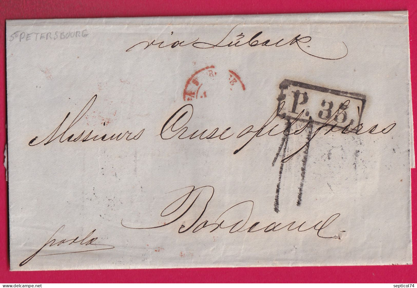 LETTRE DE ST PETERSBOURG RUSSIE RUSSIA TAXE TAMPON 11 P 35 POUR BORDEAUX VIA LUBECK ALLEMAGNE1859 LETTRE - ...-1857 Prephilately