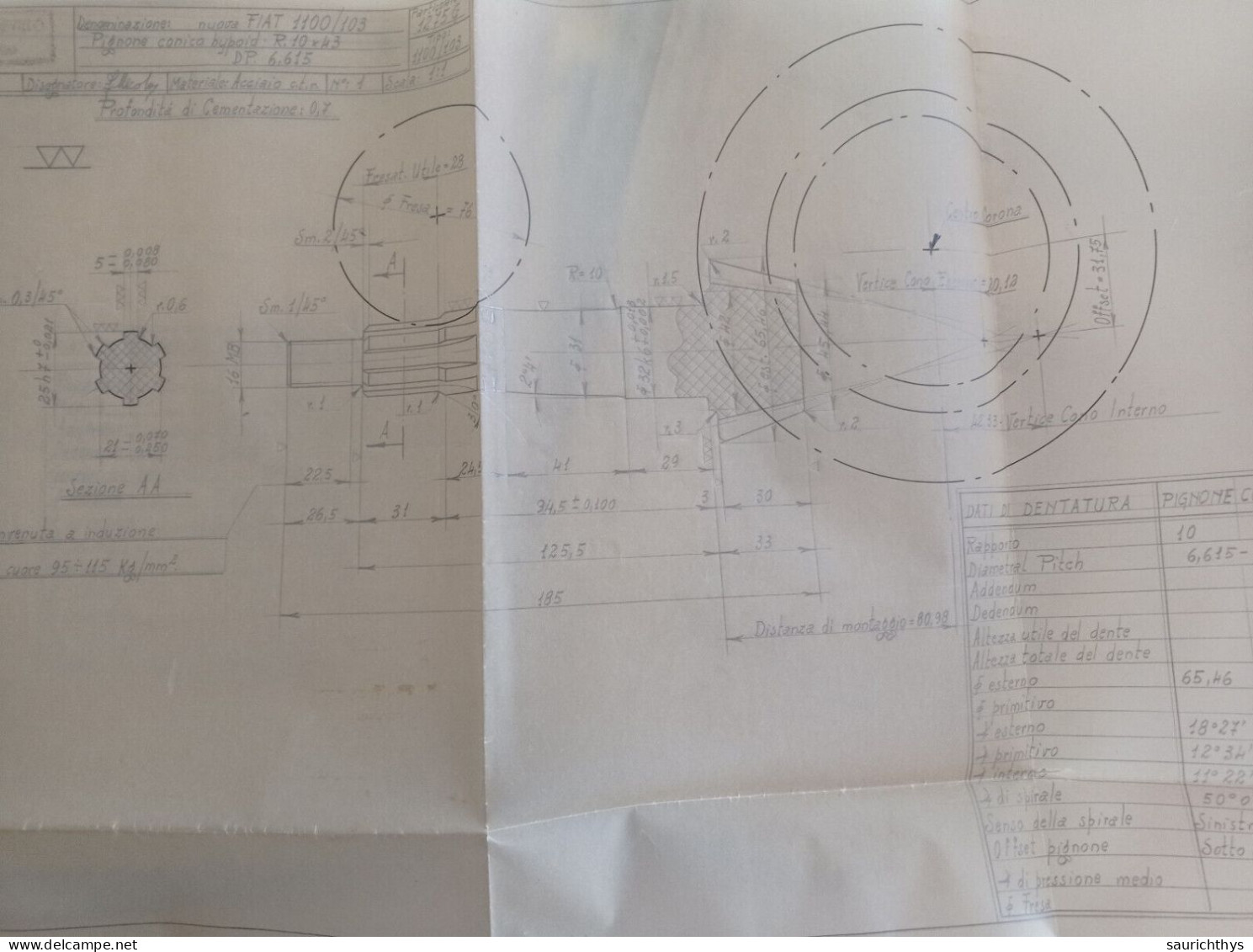 Cartella documenti Fiat 1100/103 600 Differenziale disegni tecnici in schizzi originali e copie conformi d'epoca