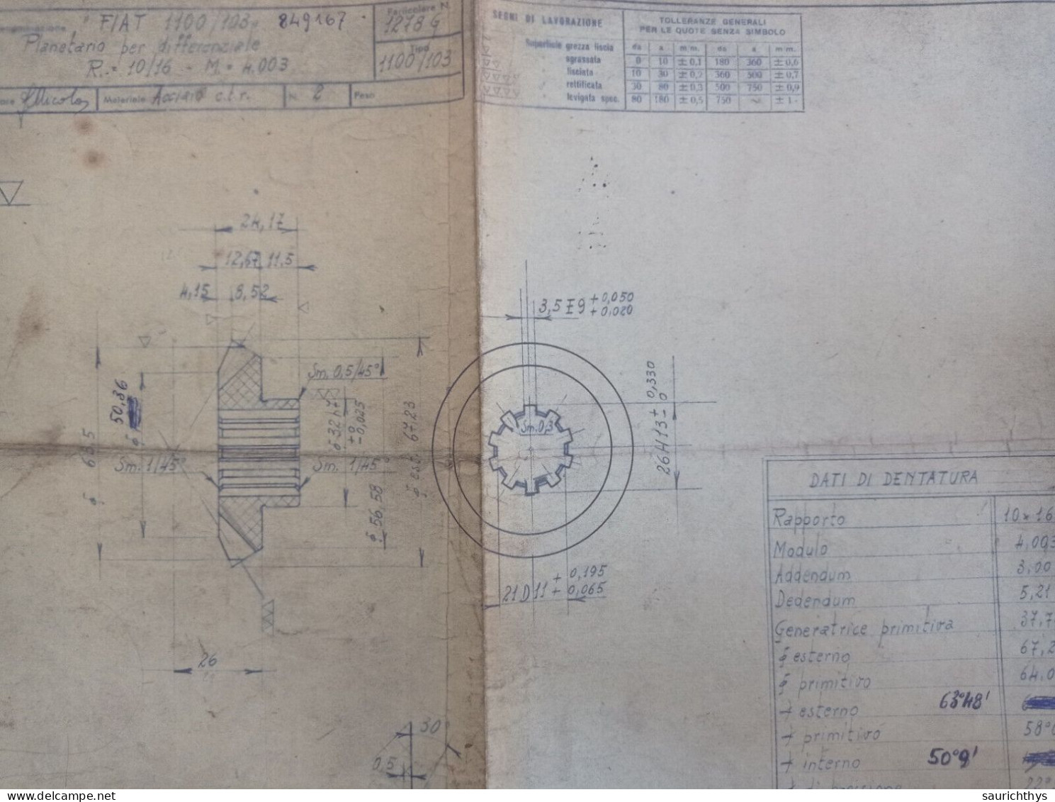 Cartella documenti Fiat 1100/103 600 Differenziale disegni tecnici in schizzi originali e copie conformi d'epoca