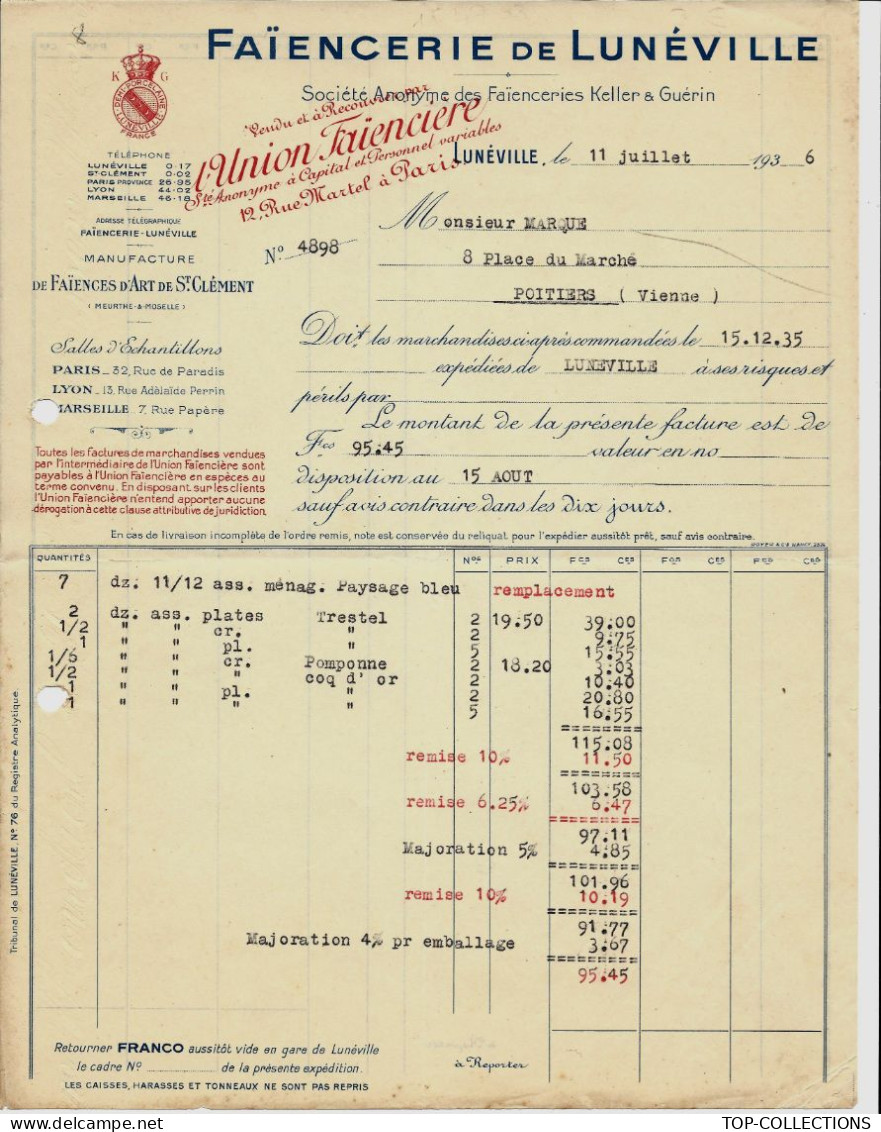 1936  ENTETE FAIENCE FAIENCES Faiencerie De Luneville Keller  Guérin Manufacture De St Clément > Poitiers V .HISTORIQUE - 1900 – 1949