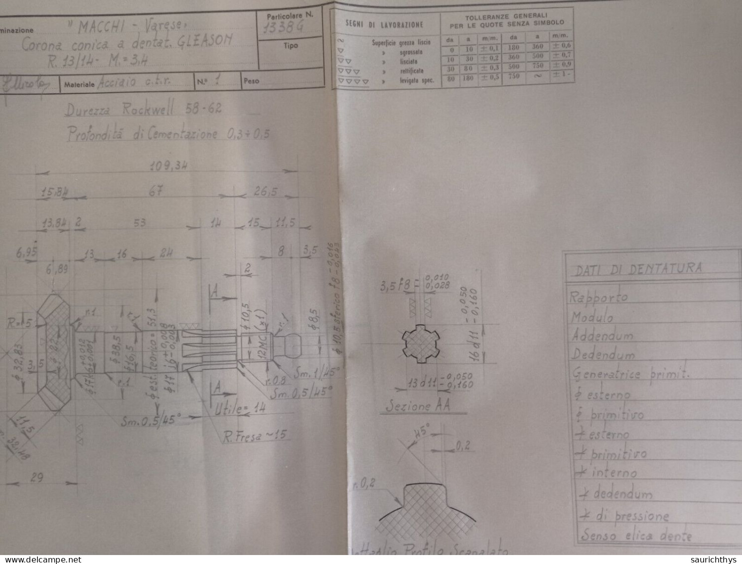 Cartella documenti Aeronautica Macchi Gruppi conici disegni tecnici in schizzi originali e copie conformi d'epoca aerei