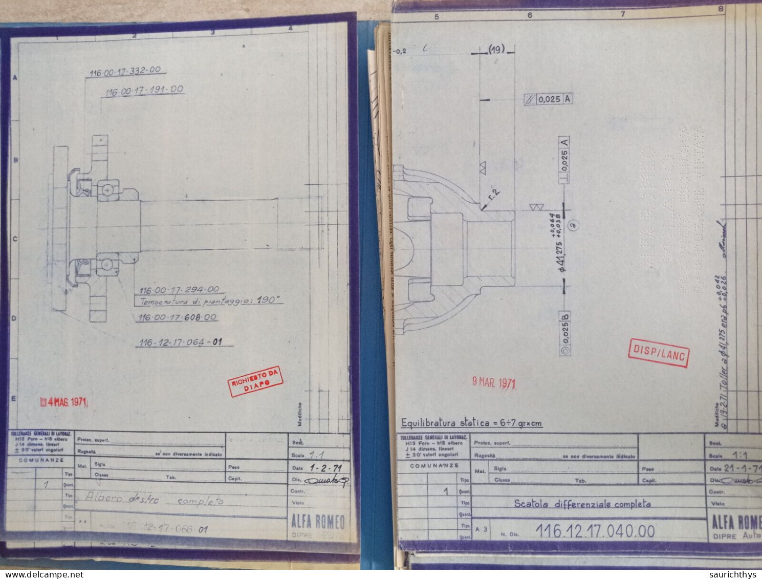 Cartella Documenti Alfa Romeo Ponte Differenziale Disegni Tecnici In Schizzi Originali E Copie Conformi D'epoca - Maschinen