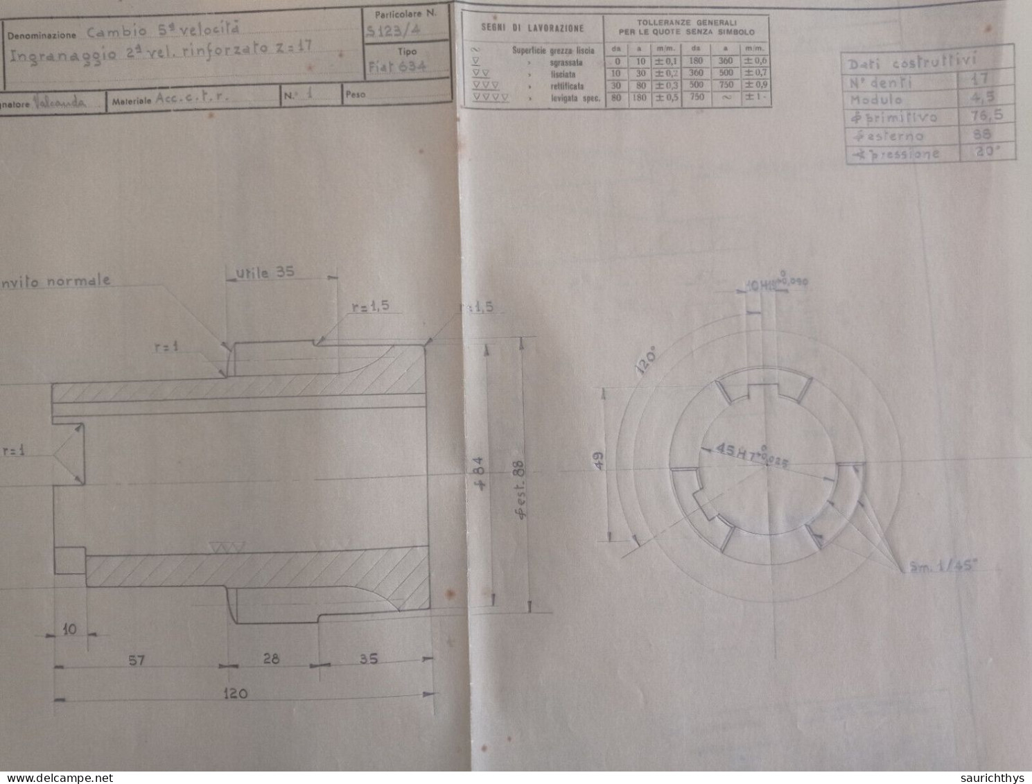 Cartella documenti Fiat 634 Cambio 5 velocità disegni tecnici in schizzi originali e copie conformi d'epoca