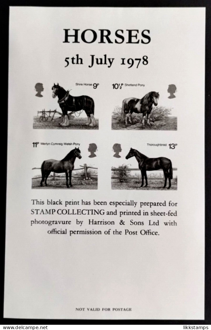 (A) SCARCE BLACK PRINT FOR THE 5th JULY 1978 HORSES ISSUE #03025 - Essays, Proofs & Reprints