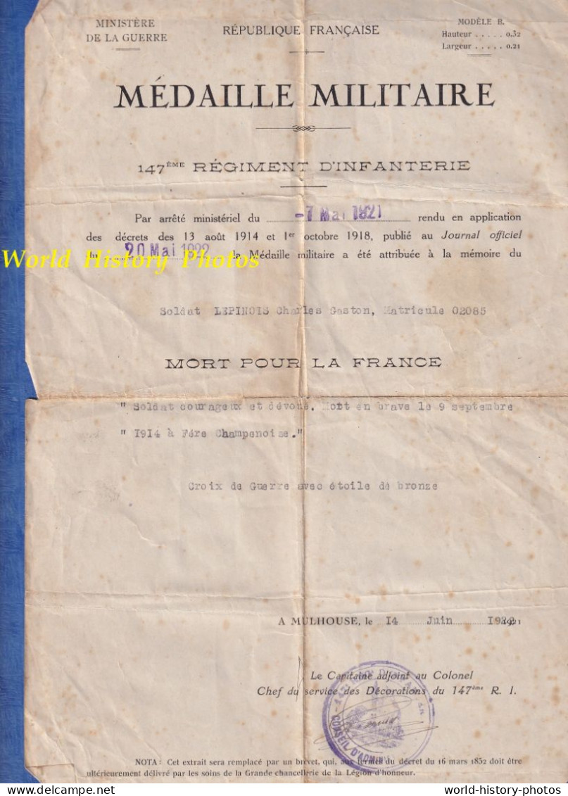 Médaille Militaire - Soldat Charles Gaston LEPINOIS Mort Pour La France à Fere Champenoise 147e Régiment WW1 Poilu - 1914-18