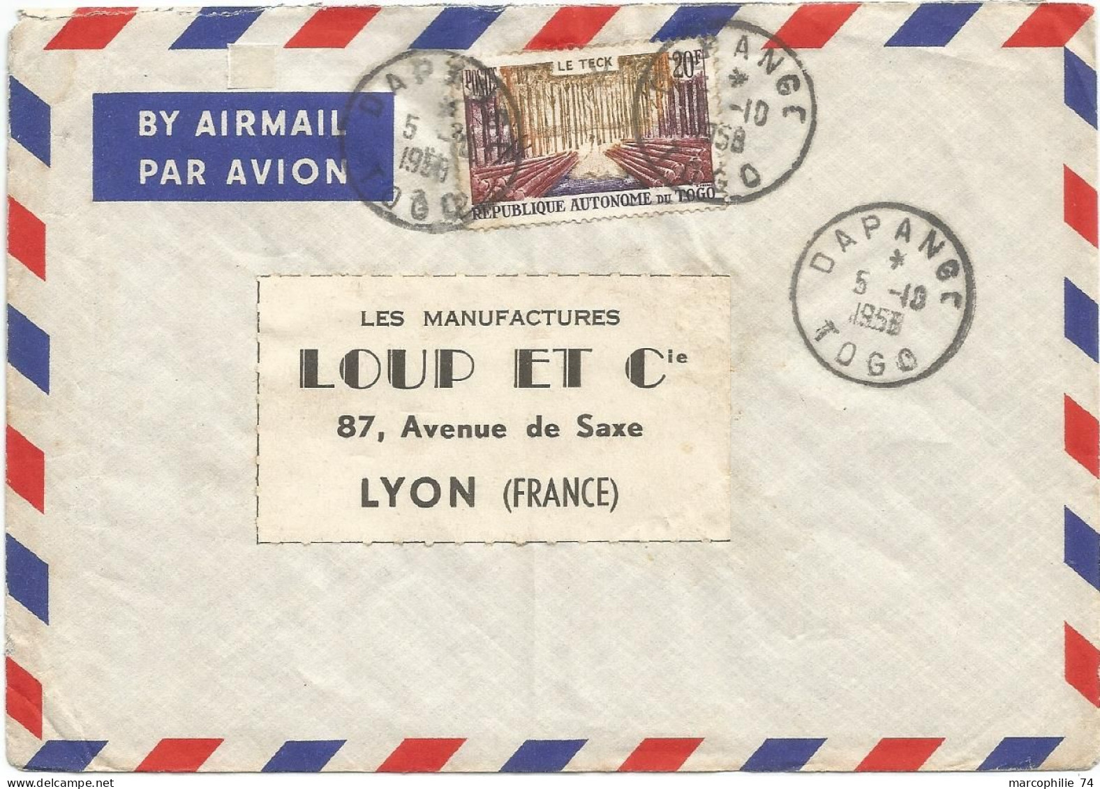 TOGO 20FR LETTRE COVER AVION DAPANGE 5.10.1958 - Lettres & Documents