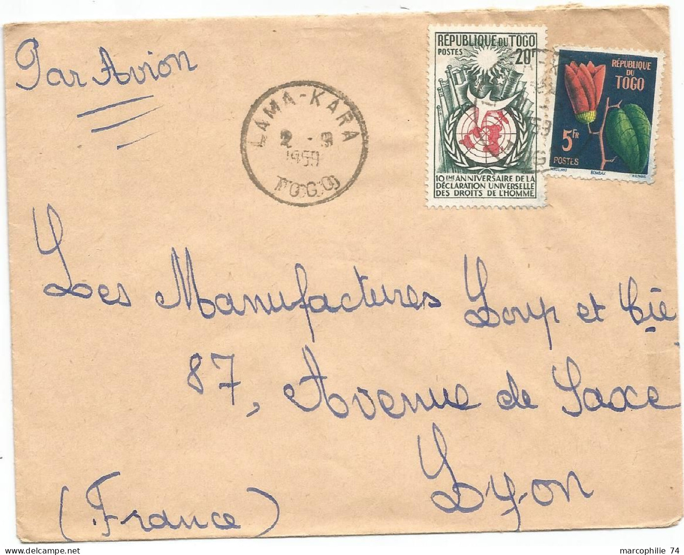 TOGO 20FR+5FR LETTRE COVER AVION LAMA KARA 2.9.1959 - Lettres & Documents