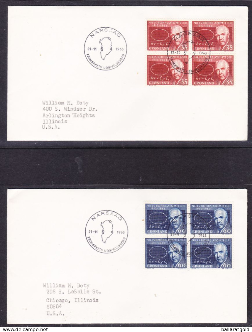 Greenland 1963 Neils Bohrs Blocks 4  First Day Covers (2) To USA - Covers & Documents