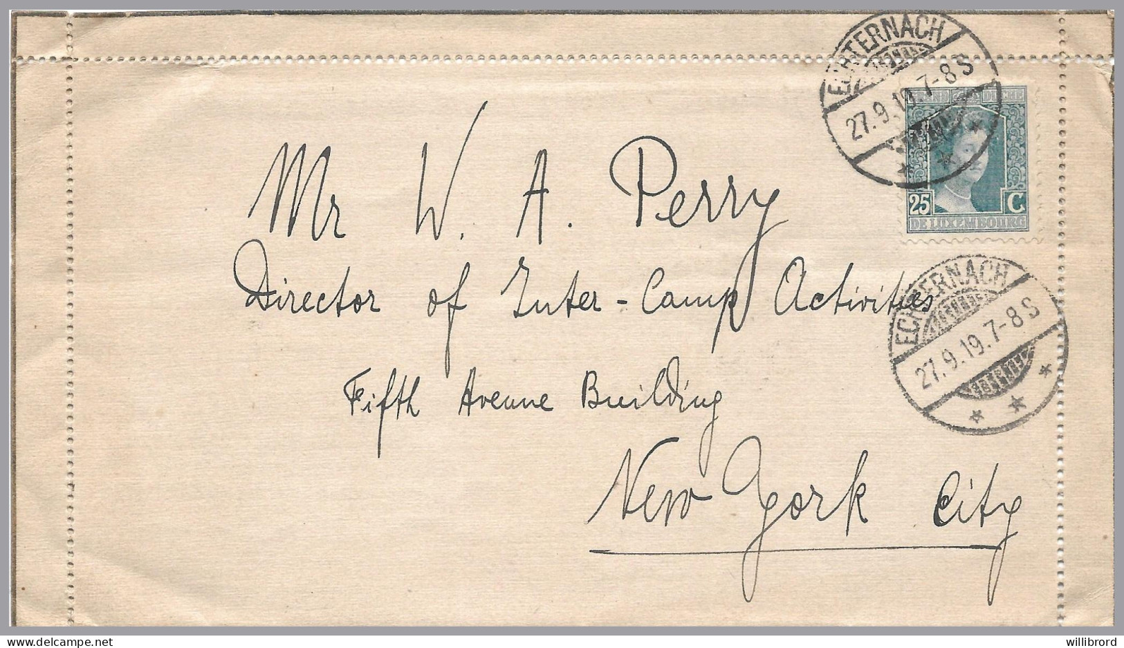 LUXEMBOURG 1919 - ECHTERNACH Private Letter-Card To USA - 25c Marie-Adélaïde UPU-rate Franking - 1914-24 Marie-Adélaida