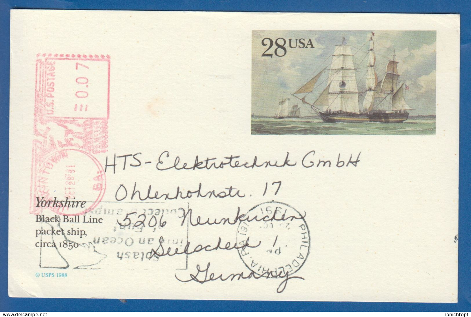 USA; Postkarte; 28c; Yorkshire, Black Ball Line Packet Ship - Sonstige & Ohne Zuordnung
