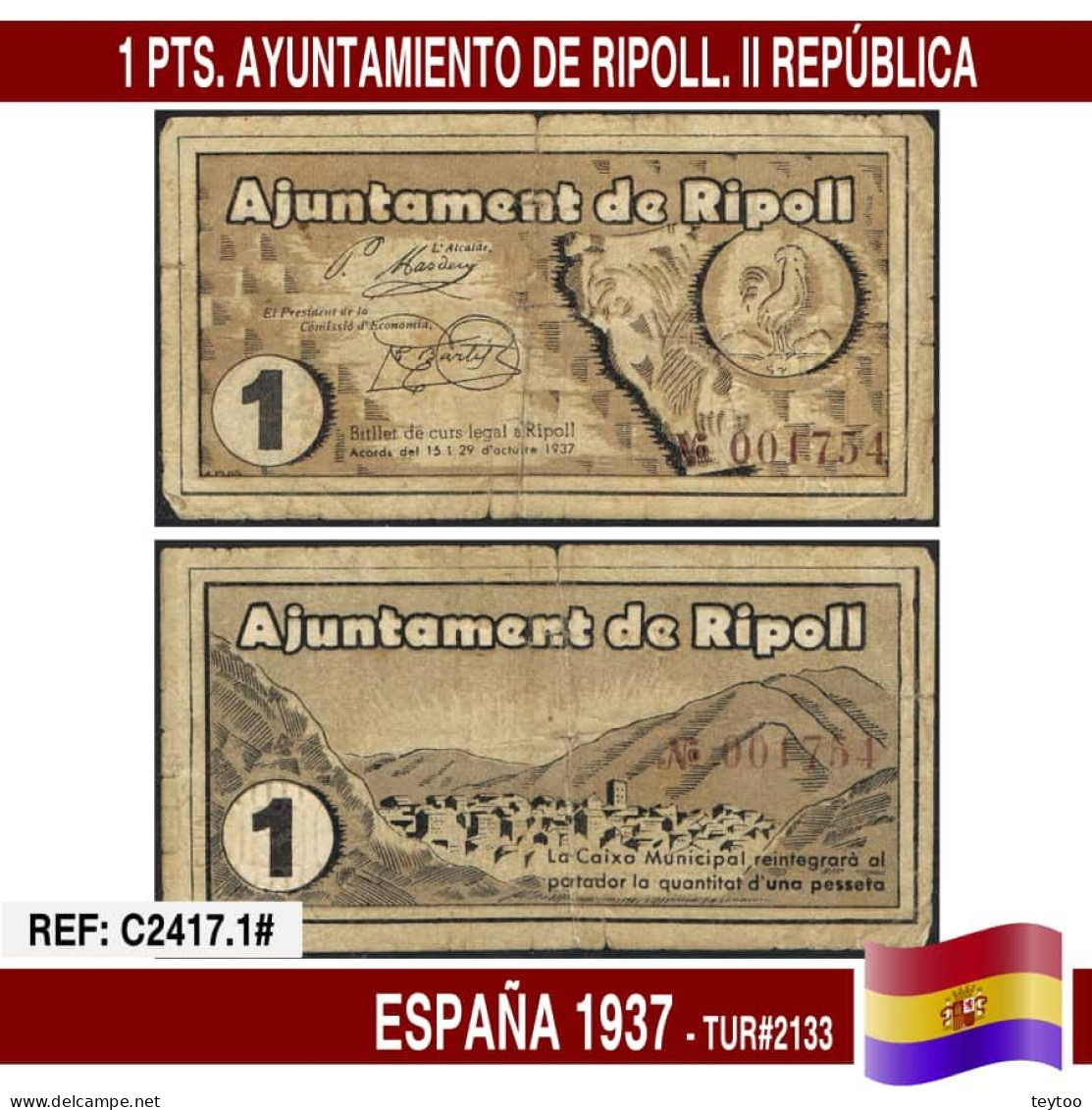 C2417.1# España 1937. 1 Pts. Ayuntamiento De Ripoll (F) TUR@2133 - 1-2 Peseten