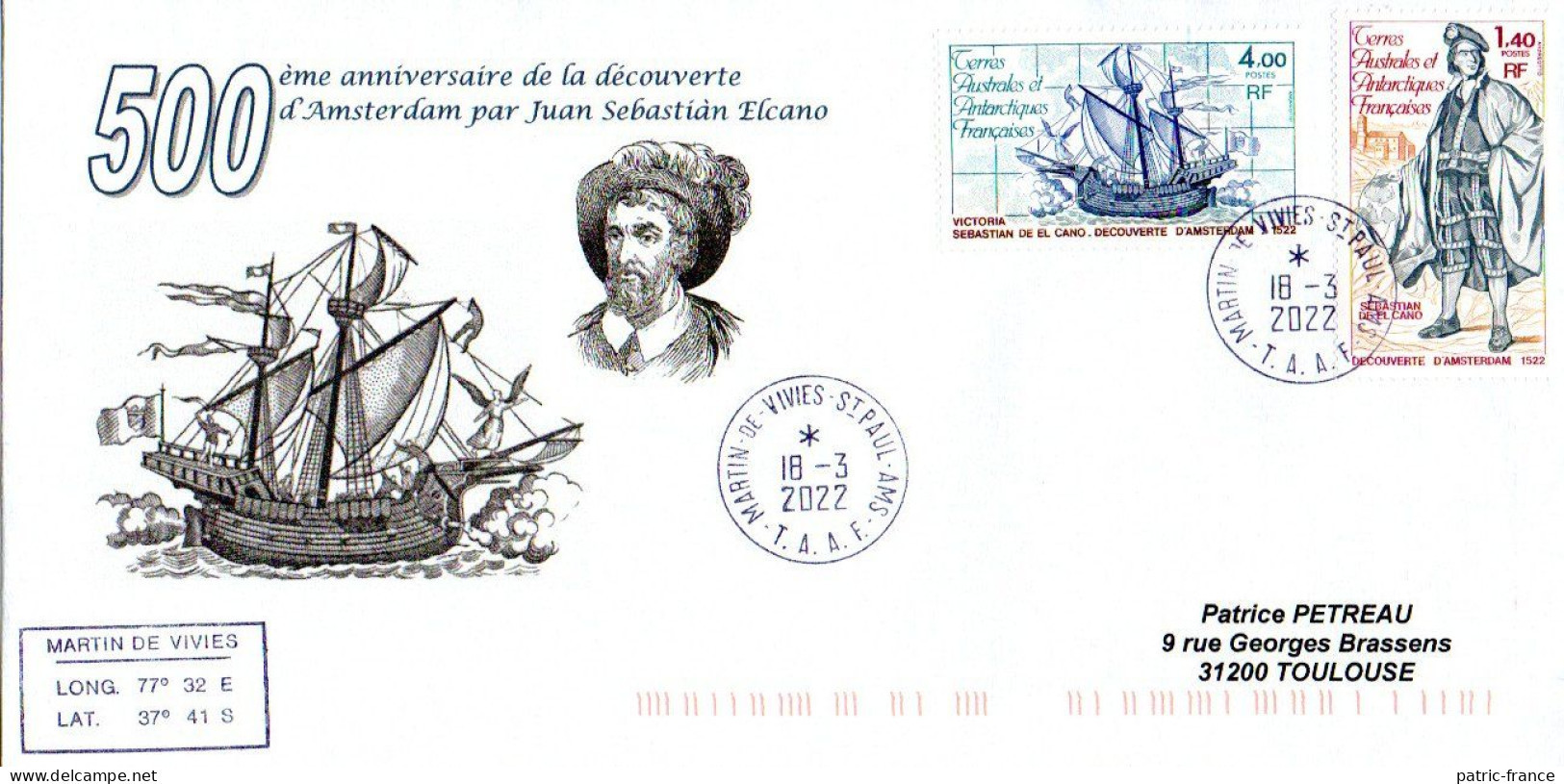 TAAF St-Paul Amsterdam 2022 - Sebastian Elcano, 500ème Anniversaire Découverte - Magellan - Lettres & Documents
