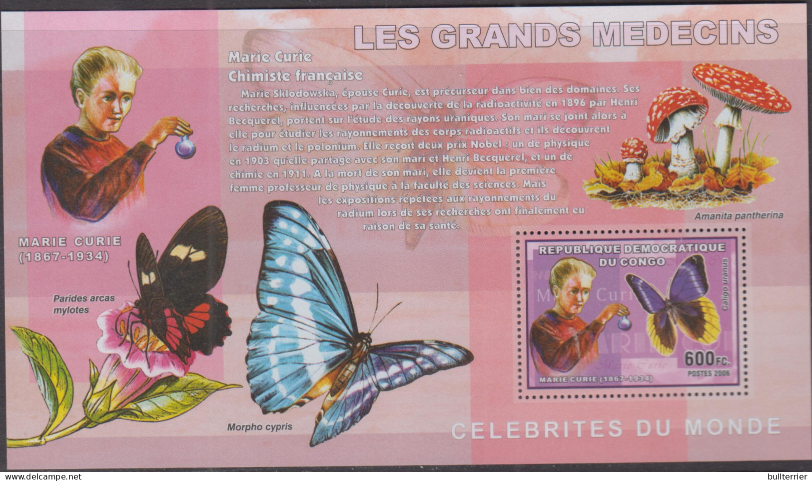 FAMOUS PEOPLE-  CONGO -  2006- LMARIE CURIE    600FC SOUVENIR SHEET MINT NEVER HINGED - Louis Pasteur