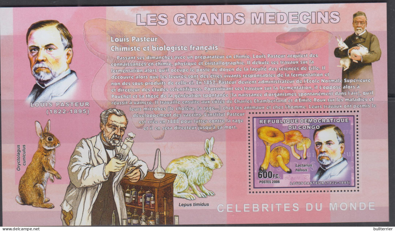 FAMOUS PEOPLE-  CONGO -  2006- LOUIS PASTEUR   600FC SOUVENIR SHEET MINT NEVER HINGED - Louis Pasteur