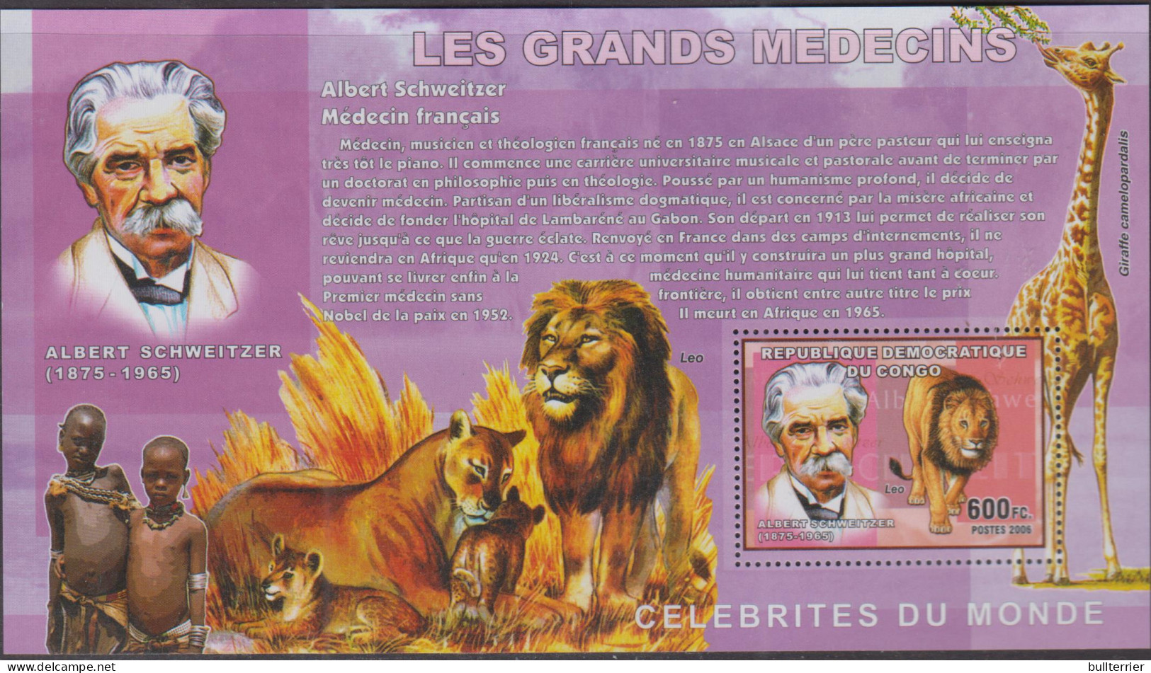 FAMOUS PEOPLE-  CONGO -  20006- SCHWEITZER  600FC SOUVENIR SHEET MINT NEVER HINGED - Henry Dunant