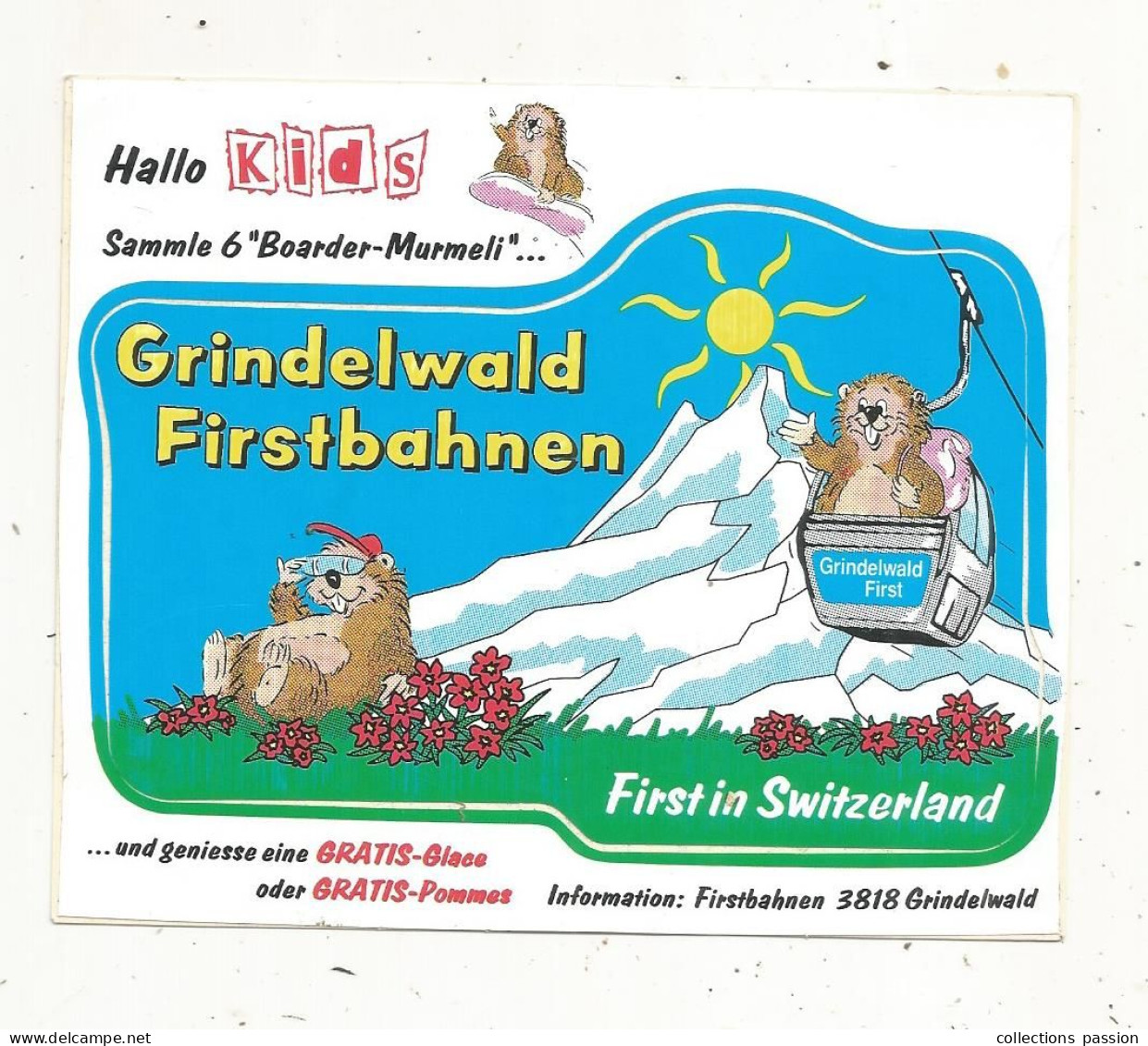 Autocollant, Téléphérique, Suisse, Grindelwald Firstbahnen, First In Switzerland, Hallo KIDS, Sammle 6 "Boarder-Murmeli" - Aufkleber