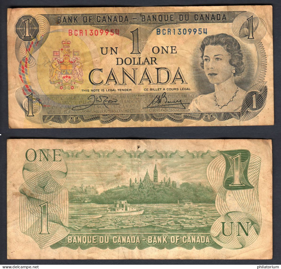 Canada, 1 Dollar, P#85, N° BCR1309954, 1973 , Signatures	RWL, GKB - Canada