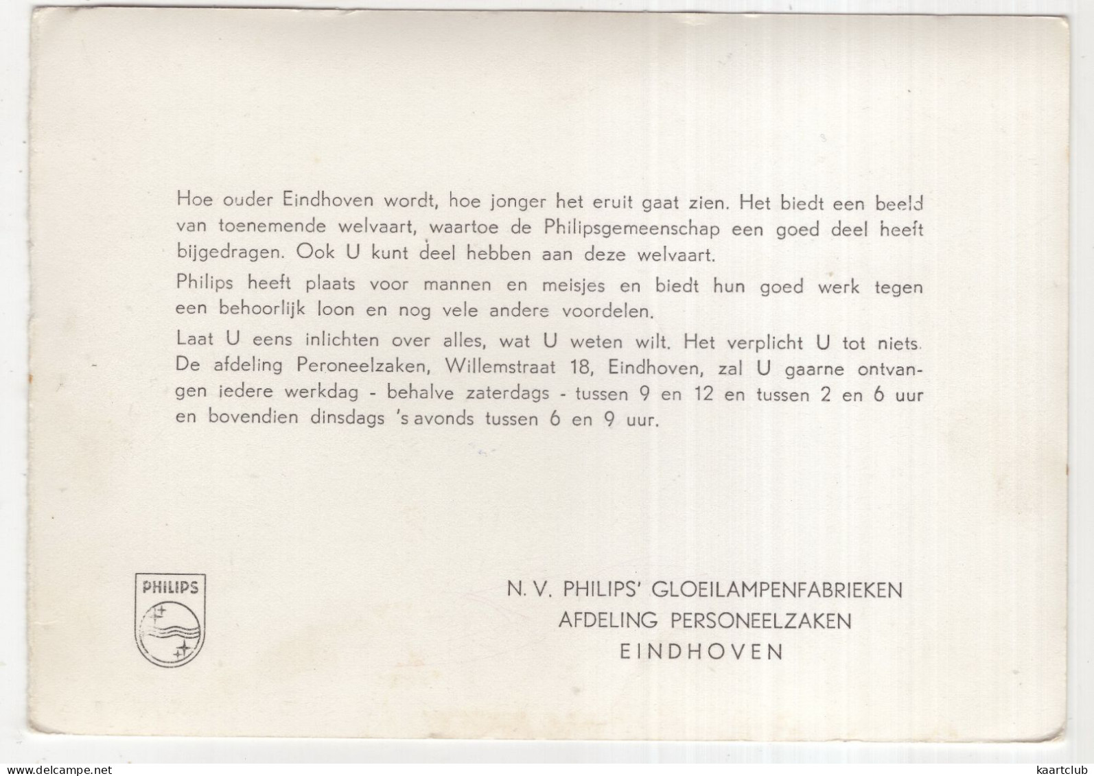 Eindhoven, Markt Plm. 1900 - (Noord-Brabant, Nederland) - N.V. Philips' Gloeilampenfabrieken Afd. Personeelszaken - Eindhoven