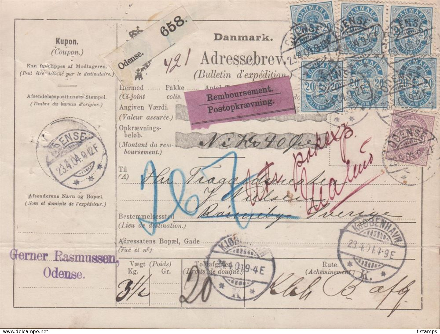 1904. DANMARK. Coat-of Arms. Large Corner Figures. 6 Ex 20 Øre Blue. Perf. 12 3/4 + 15 øre O... (Michel 36B+) - JF444496 - Lettres & Documents