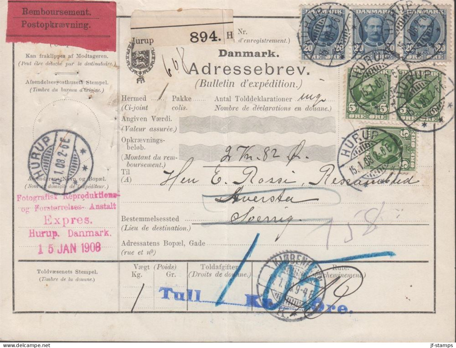 1908. DANMARK. King Frederik VIII. 3 Ex 20 Øre + 3 Ex 5 Øre As 75 øre Franking On Adressebrev ... (Michel 55) - JF444502 - Storia Postale