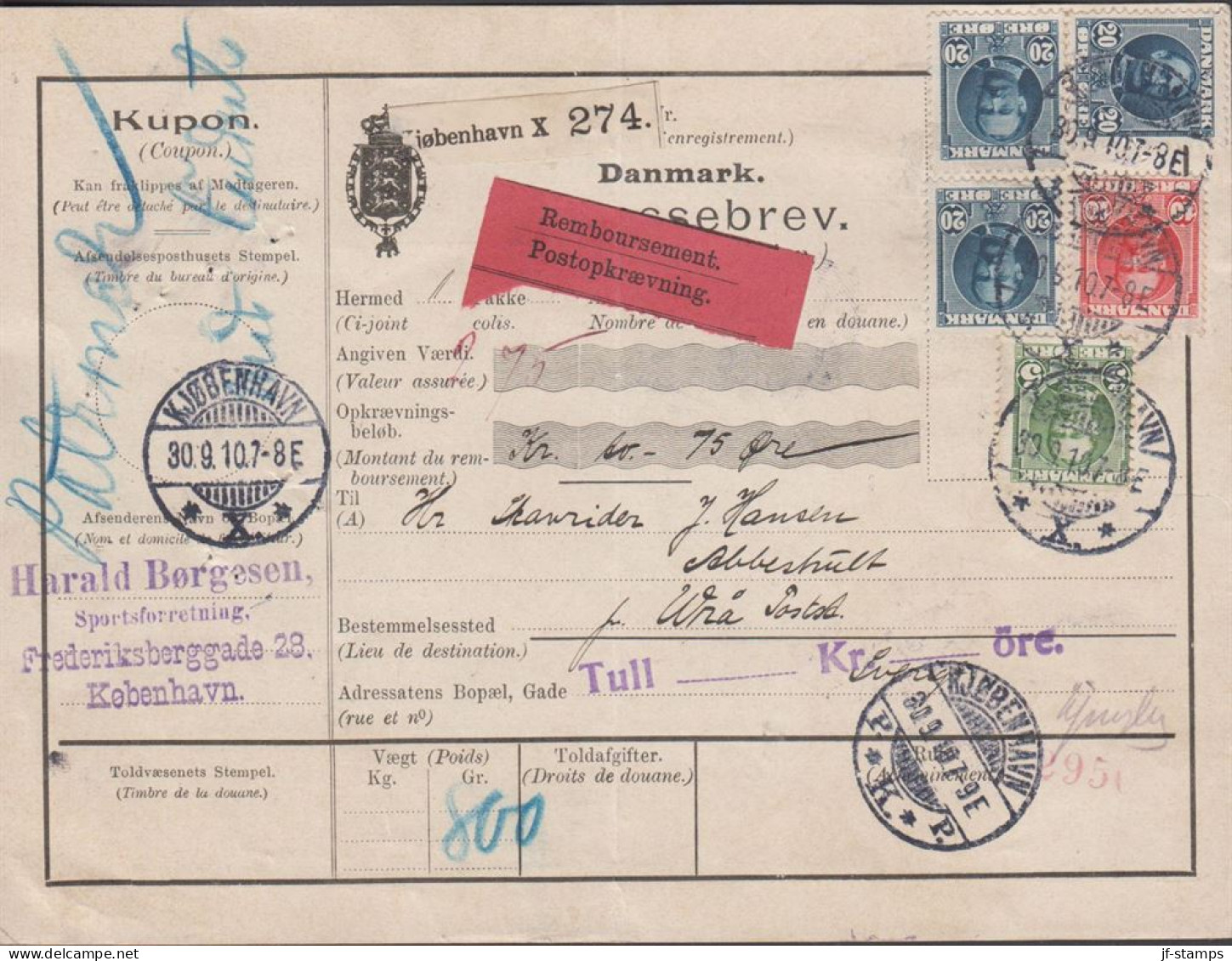 1910. DANMARK. King Frederik VIII. 3 Ex 20 Øre + 10 + 5 Øre As 75 øre Franking On Adressebrev ... (Michel 55) - JF444503 - Cartas & Documentos