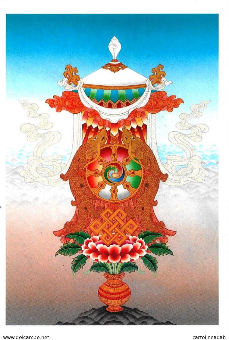 [MD8193] CPM - EIGHT AUSPICIOUS SYMBOLS (SKT. ASHTAMANGALA) - PAINTED BY ROBERT BEER - PERFETTA - Non Viaggiata - Buddhism