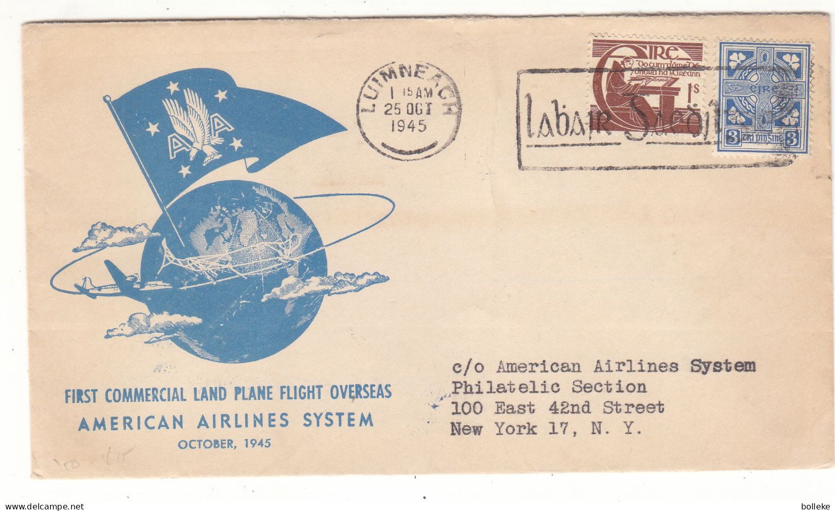 Irlande - Lettre De 1945 - Oblit Luimneach - Exp Vers New York - 1 Er Vol American Airlines - - Covers & Documents