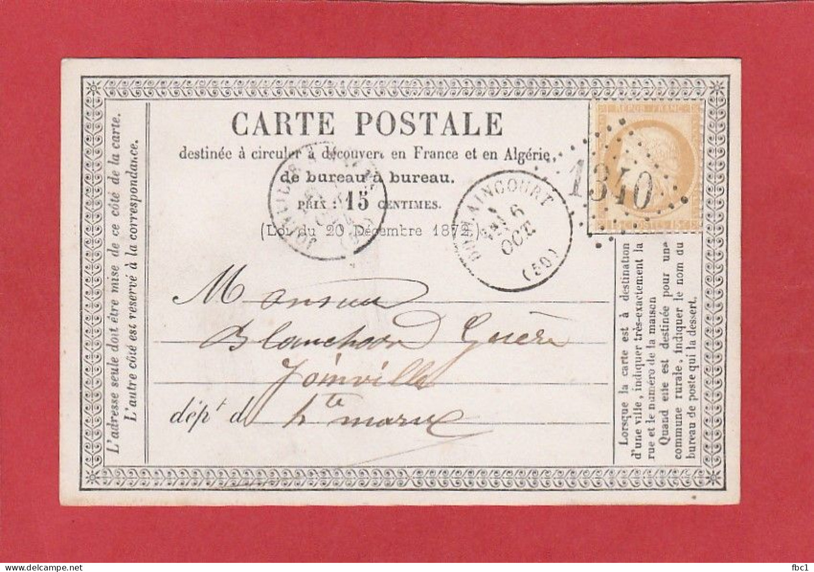 Carte Postale -Type Cérès 15C - Haute Marne - Doulaincourt GC 1340 Vers Joinville 1874 - Cartes Précurseurs