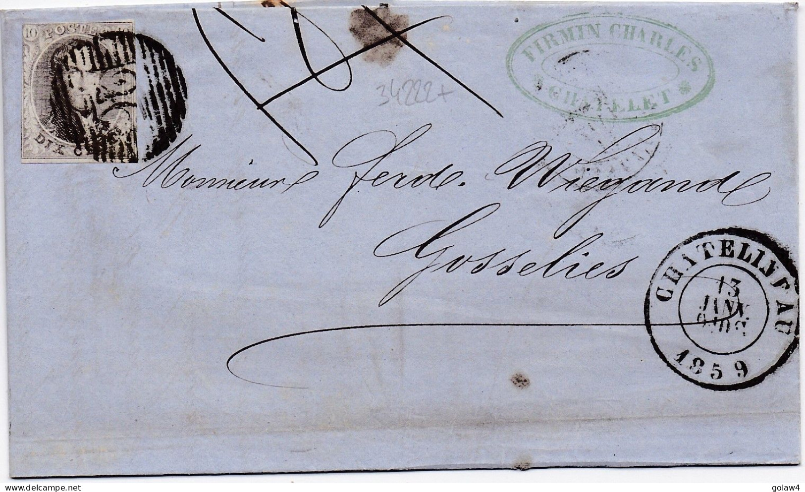 34222# BELGIQUE LEOPOLD MEDAILLON ARRONDI N° 10A LETTRE Obl P 26 CHATELINEAU 1859 Pour GOSSELIES - 1849-1865 Medallones (Otros)