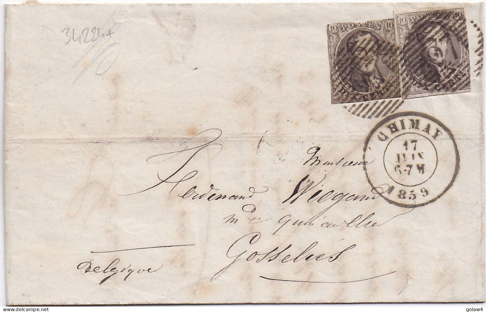 34224# BELGIQUE LEOPOLD MEDAILLON ARRONDI N° 10A X 2 BELLES MARGES LETTRE Obl P 27 CHIMAY 1859 Pour GOSSELIES - 1849-1865 Medaillen (Sonstige)