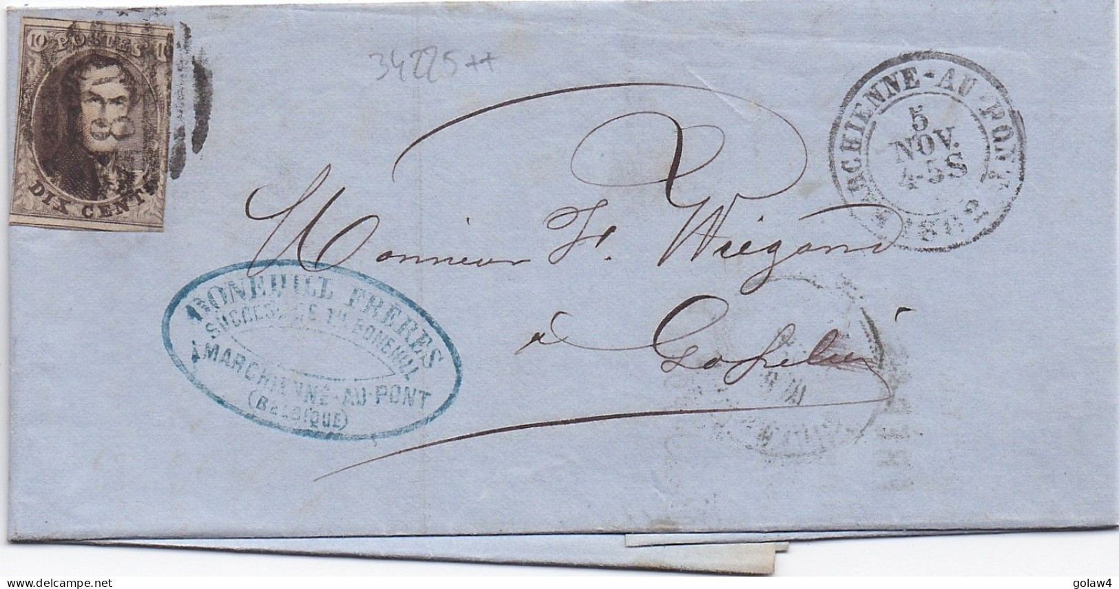 34225# BELGIQUE LEOPOLD MEDAILLON ARRONDI N° 10A LETTRE Obl P 80 MARCHIENNE AU PONT 1859 Pour GOSSELIES - 1849-1865 Medaillen (Sonstige)