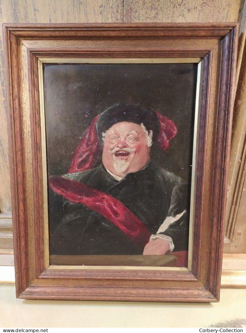 Ancien Tableau Peinture Portrait Homme Riant École Allemande Signée R. Berker - Olieverf