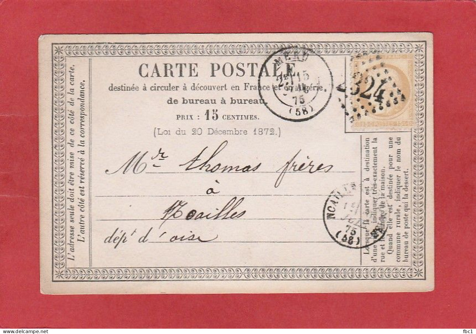 Carte Postale -Type Cérès 15C - Oise - Meru GC 2324 Vers Noailles 1875 - Cartes Précurseurs
