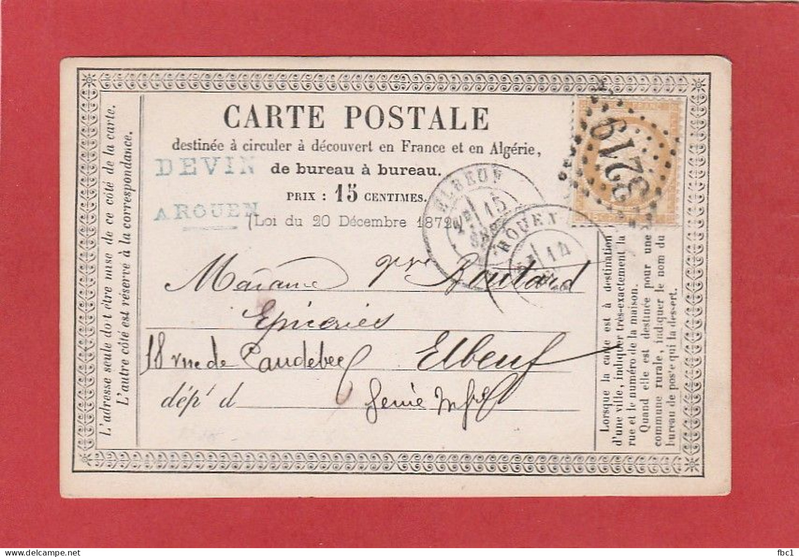 Carte Postale -Type Cérès 15C - Seine Maritime GC 3219 Rouen Vers Elbeuf 1874 - Cartes Précurseurs