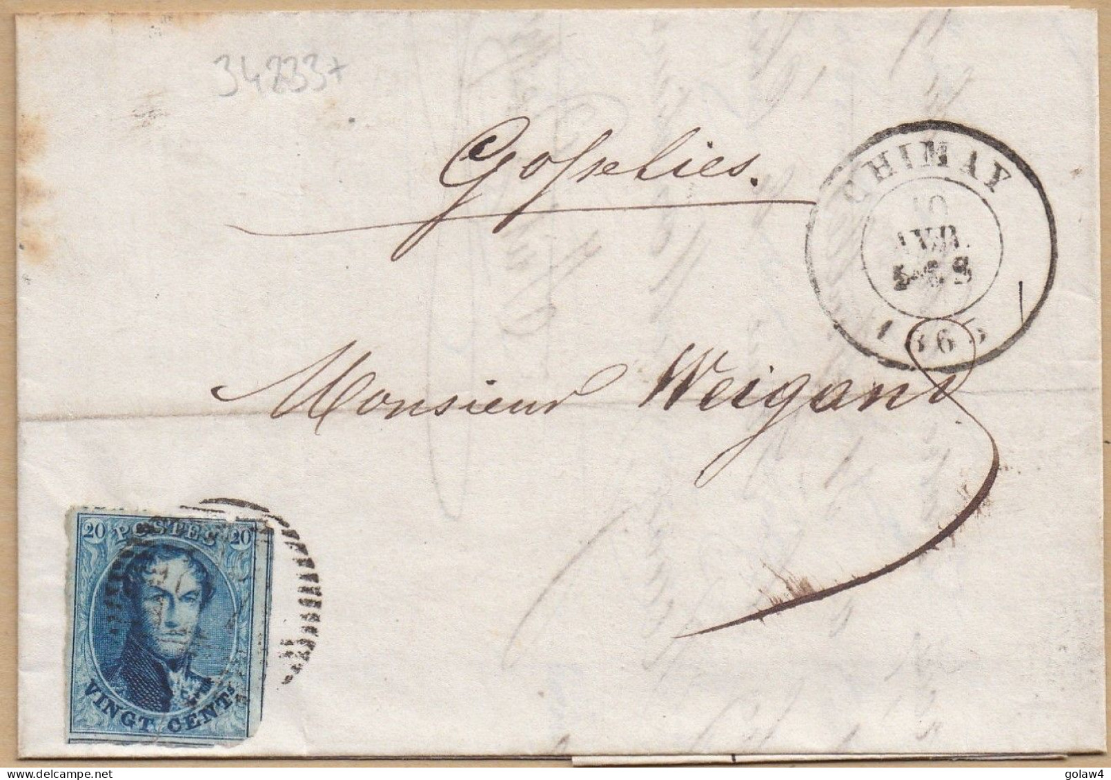 34233# BELGIQUE LEOPOLD MEDAILLON ARRONDI N° 11A LETTRE Obl P 27 CHIMAY 1863 Pour GOSSELIES - 1849-1865 Médaillons (Autres)