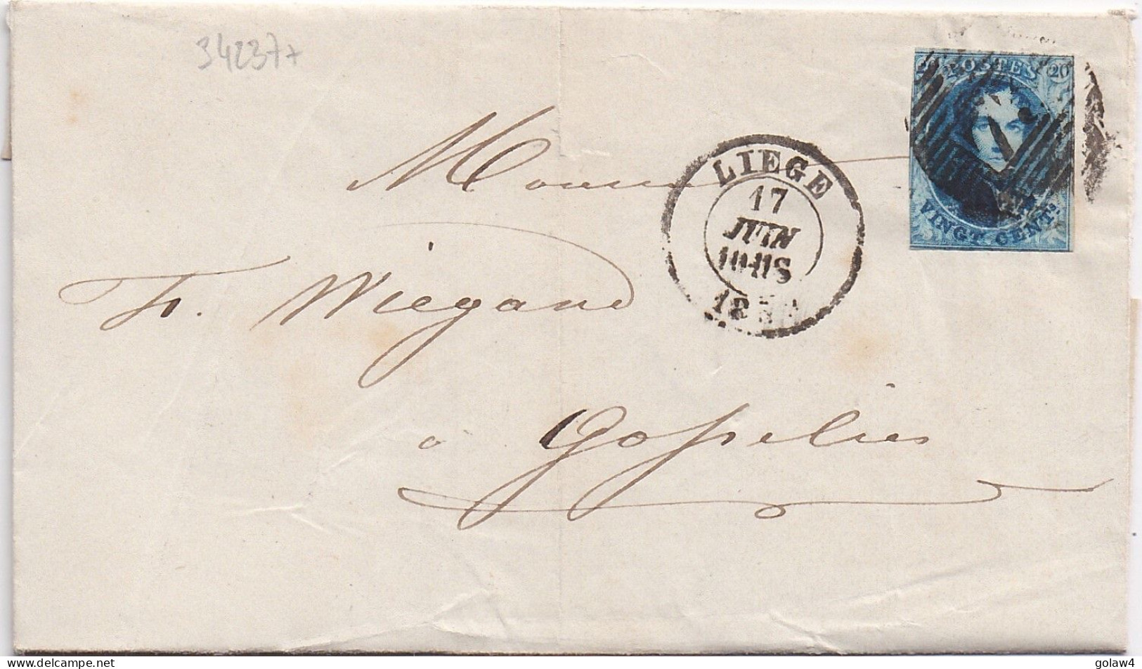 34237# BELGIQUE LEOPOLD MEDAILLON ARRONDI N° 11A LETTRE Obl P 73 LIEGE 1859 Pour GOSSELIES - 1849-1865 Médaillons (Autres)