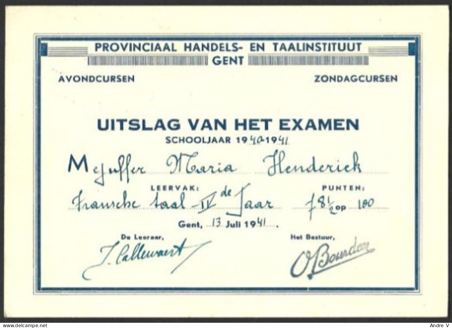 Uitslag Examen 1941 - Diplômes & Bulletins Scolaires