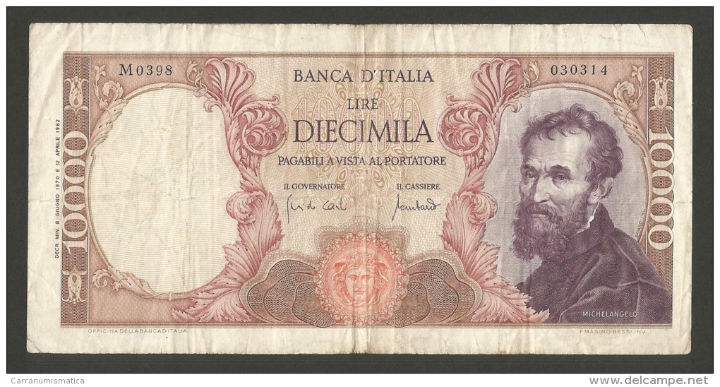 ITALIA - 10000 Lire MICHELANGELO (Firme: Carli / Lombardo - Decr. 08/06/1970) - 10000 Lire