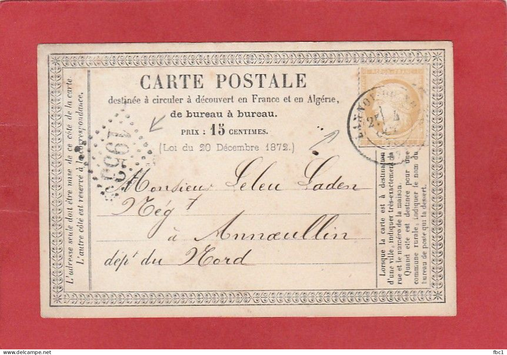 Carte Postale -Type Cérès 15C - Nord - GC 1953 - Lannoy Du Nord Vers Annoeullin 1873 - Cartes Précurseurs