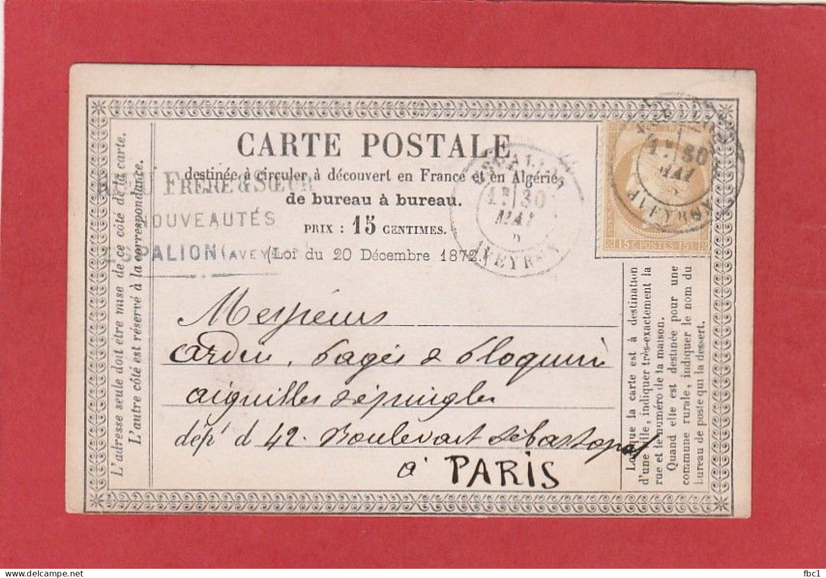 Carte Postale -Type Cérès 15C - Aveyron - Espalion Vers Paris 1876 - Cartes Précurseurs