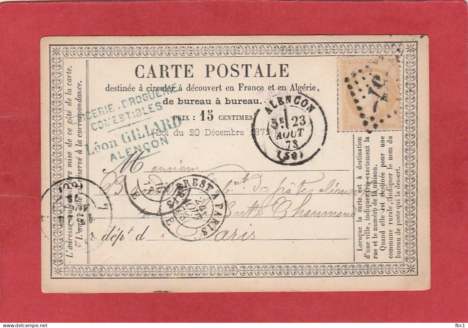 Carte Postale -Type Cérès 15C - Orne - Alençon GC 57 Vers Paris 1873 - Cartes Précurseurs