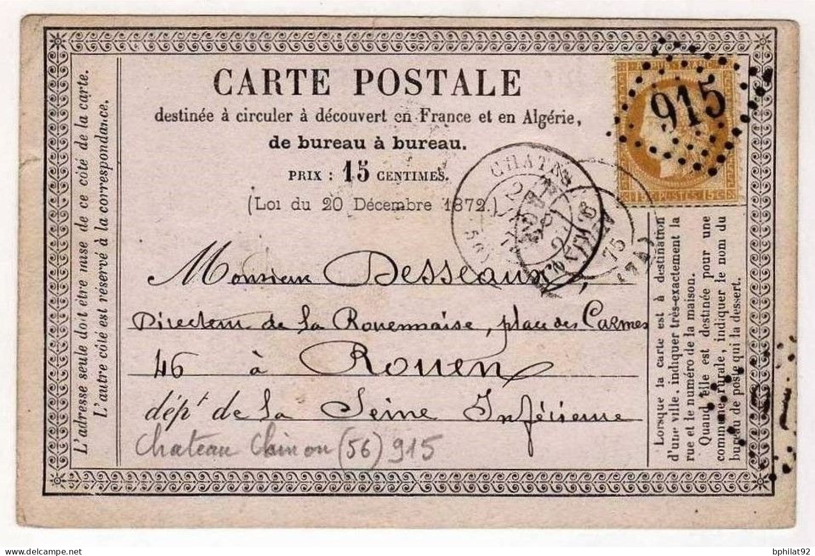 !!! CARTE PRECURSEUR CERES CACHET DE CHATEAU CHINON (NIEVRE) 1875 - Cartes Précurseurs