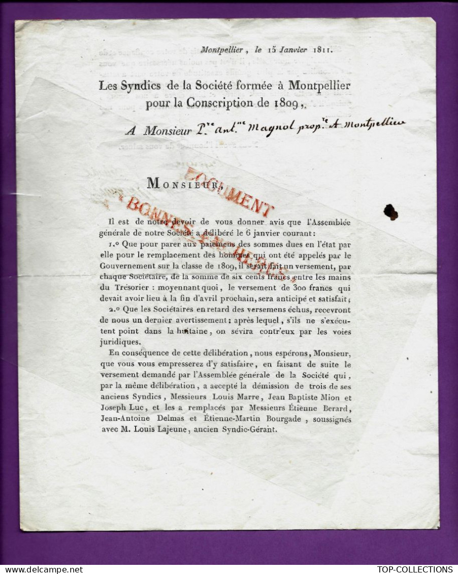 1811 Montpellier Hérault LETTRE Imprimée 4 Sign. ASSURANCE REMPLACEMENT SERVICE MILITAIRE Pour Pierre Antoine Magnol - 1800 – 1899