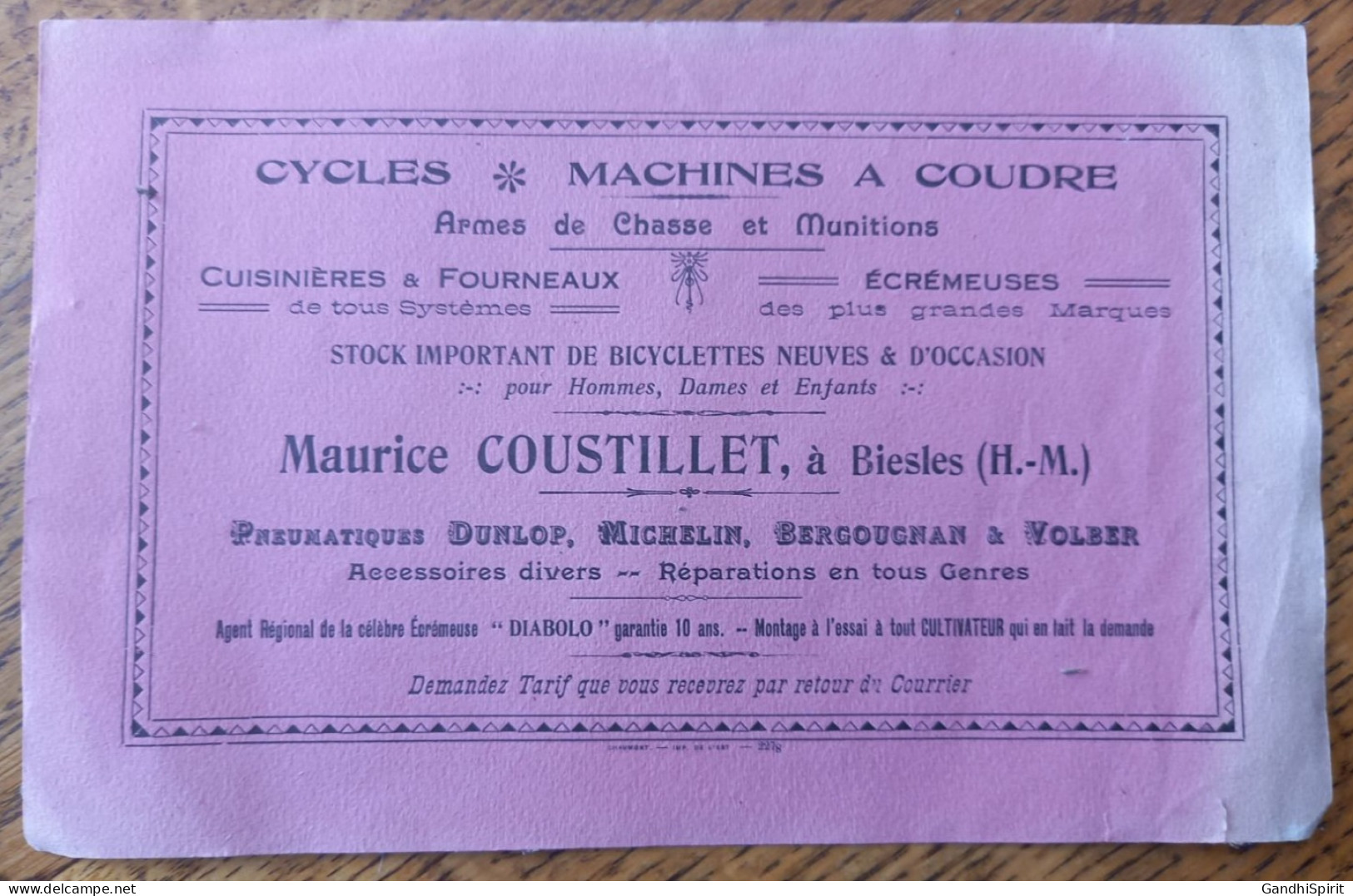 Buvard Biesles Cycles Bicyclettes Machine à Coudre Armes De Chasse Pneu Michelin Dunlop Bergougnan Volber Ecrémeuses - Fahrrad & Moped