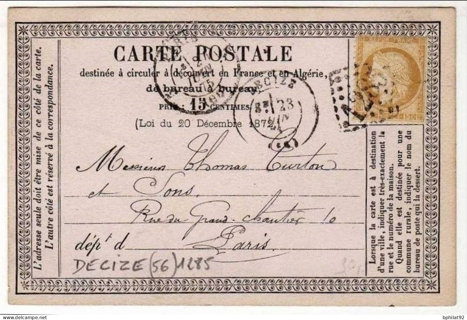 !!! CARTE PRECURSEUR CERES CACHET DE DECIZE (NIEVRE) 1875 - Cartes Précurseurs
