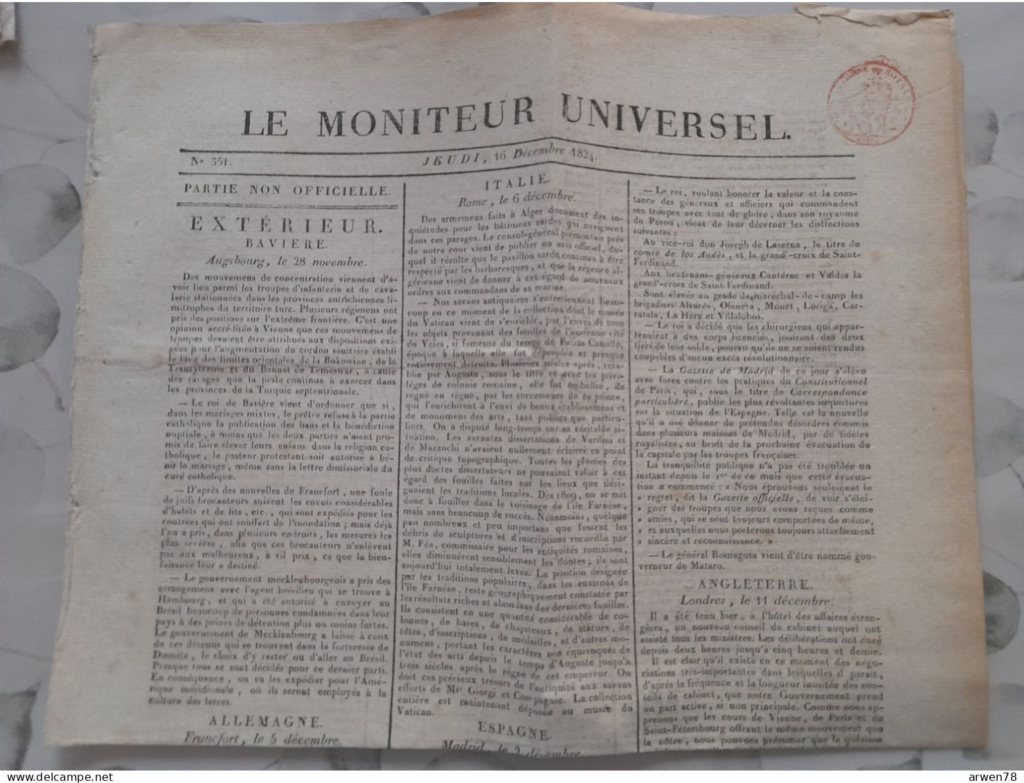 Le Moniteur Universel 16 Decembre 1824 BAVIERE ITALIE ANGLETERRE ALLEMAGNE - Newspapers - Before 1800