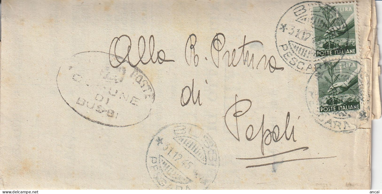 Italy. A163. Bussi. 1945. Stampe Da BUSSI *PESCARA* Per Popoli.  Democratica L. 1 X 2 - Paketmarken